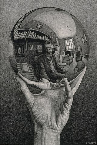 A pencil sketch of a hand holding a reflection sphere in which we see a bearded man in a suit holding it.
