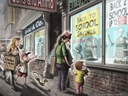 Editorial cartoon U.S. back to school shootings bulletproof vests