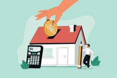 Illustration of a house, coin, calculator and man holding a pencil. 