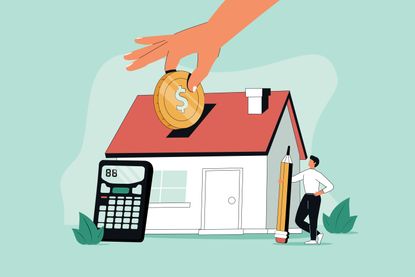 Illustration of a house, coin, calculator and man holding a pencil. 