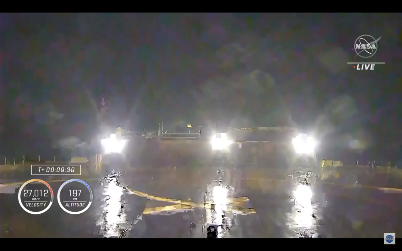 The stage one booster from the Falcon 9 that launched Crew-2 into space lands safely back on Earth.