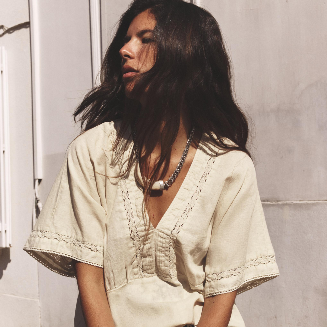 stylized image of zara model wearing Linen Top With Lace Details