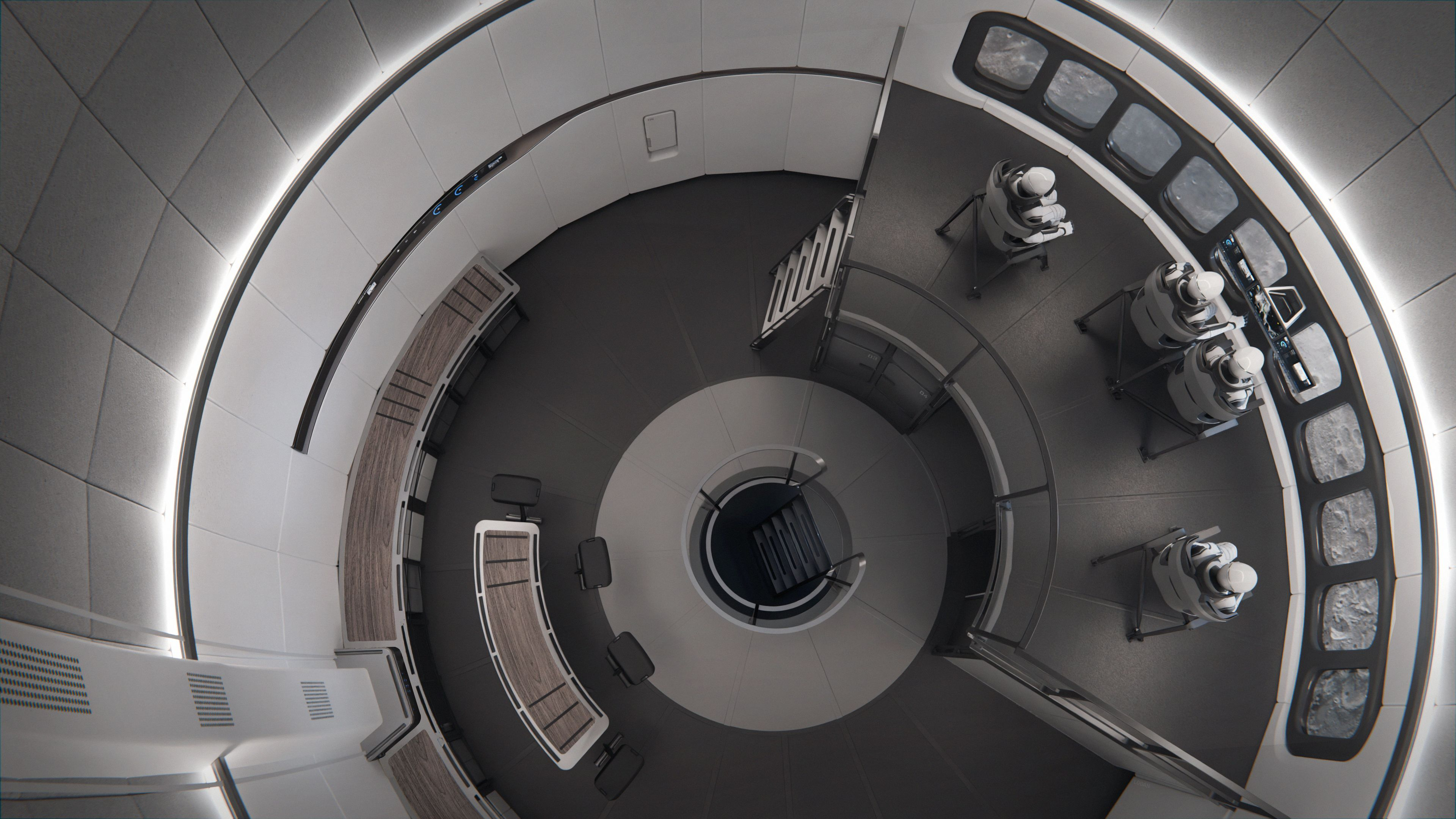 illustration of the cylindrical interior of a spacecraft, showing four astronauts seated near monitors at the right of the screen