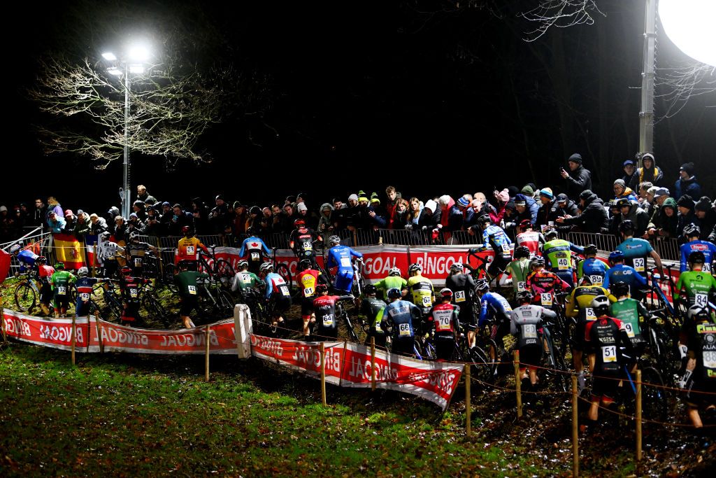 ANTWERPEN BELGIUM DECEMBER 28 A general view of Matej Stransky of Czech Republic and Brilon Racing Team Lorenzo Masciarelli of Italy and Team Pauwels Sauzen Bingoal Cody Scott of Canada Florian Hamm of Germany and Rsv Garching Ben Chilton of United Kingdom and Team Spectra Wiggle PB Vitus Lukas Vanderlinden of Belgium and Team Pauwels Sauzen Bingoal and the Peloton compete during the 46th Superprestige Cyclocross Diegem 2022 Mens Elite Superprestige2023 on December 28 2022 in Antwerpen Belgium Photo by Luc ClaessenGetty Images