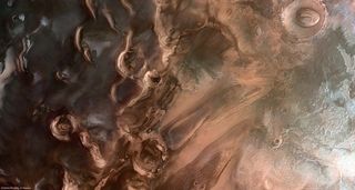 Mars Express spacecraft obtained this image of buried ice deposits in the south polar region of Mars, close to Ulyxis Rupes, on January 15, 2011, during the Martian spring, using the High Resolution Stereo Camera. South is to the left, north is to the rig
