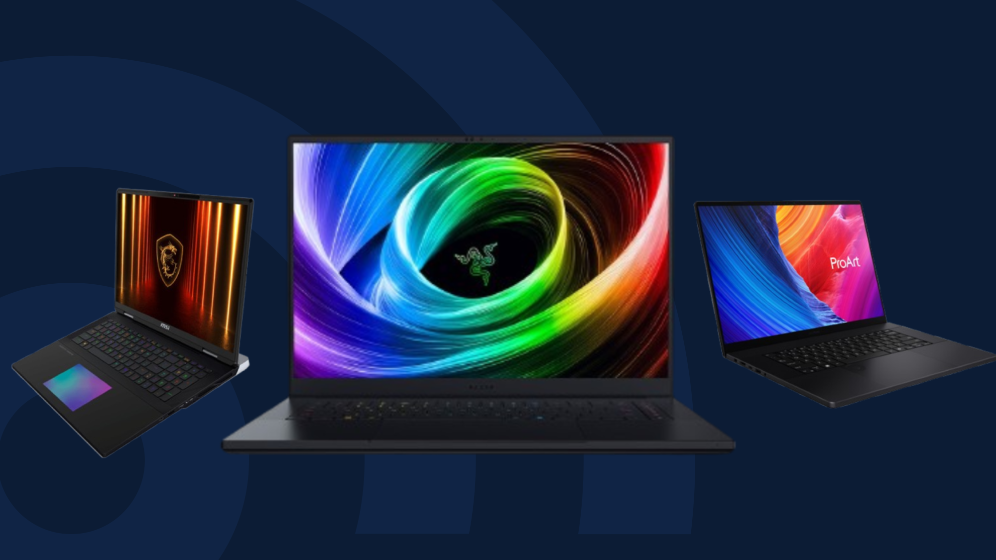 Razer, MSI, and Asus laptops against a blue TechRadar-branded background