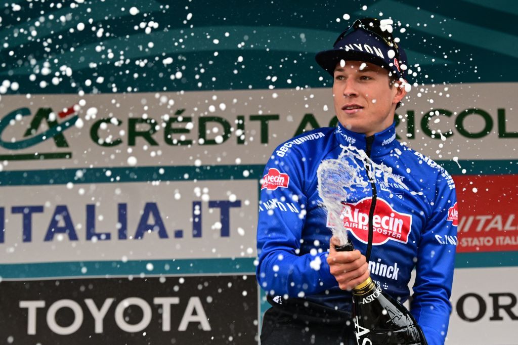 Belgian Jasper Philipsen of AlpecinDeceuninck celebrates on the podium with champagne after winning stage 3 of the TirrenoAdriatico cycling race from Follonica to Foligno 216 km in Italy Wednesday 08 March 2023BELGA PHOTO DIRK WAEM Photo by DIRK WAEM BELGA MAG Belga via AFP Photo by DIRK WAEMBELGA MAGAFP via Getty Images