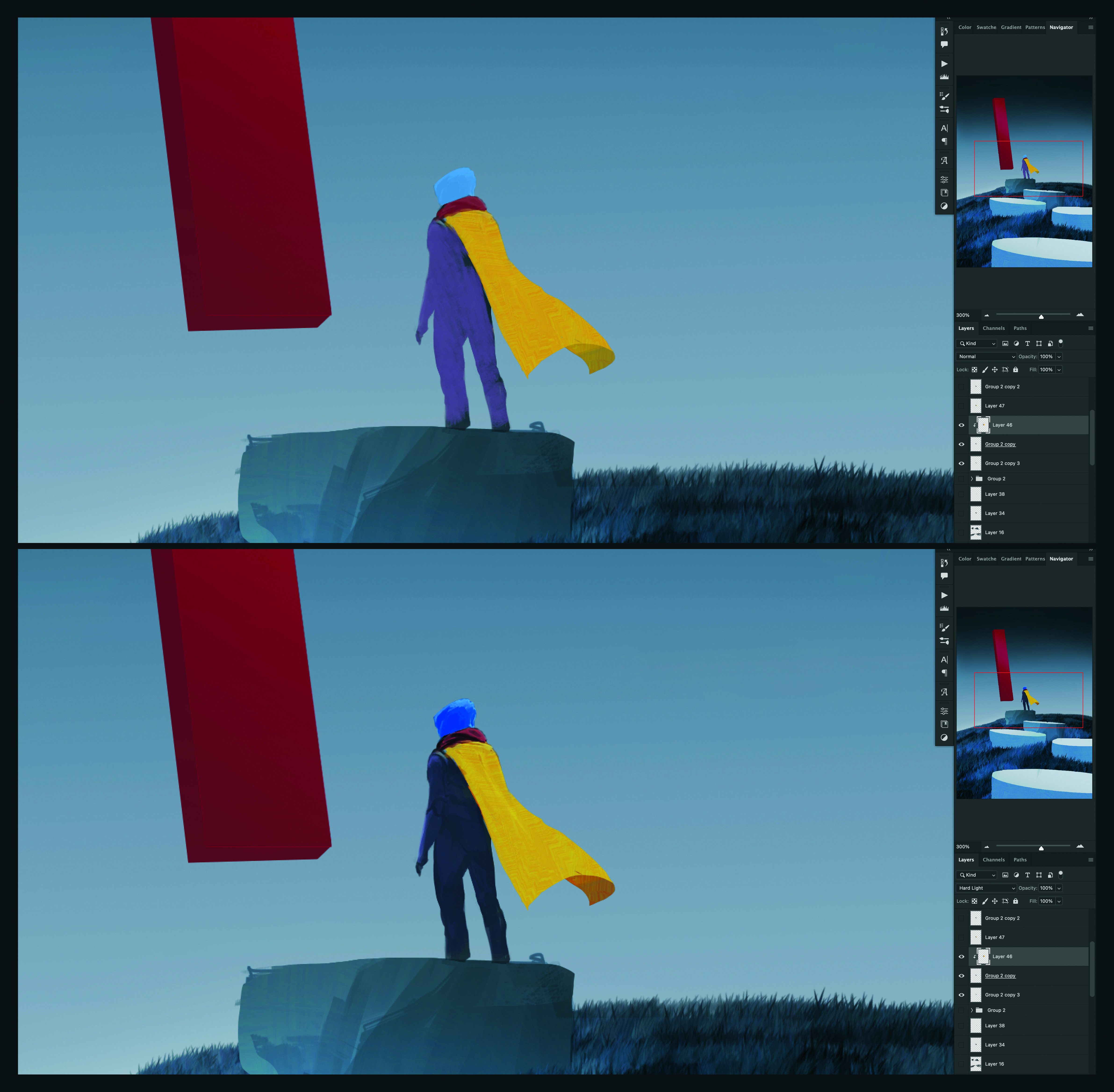 Part of the process of making digital art in Photoshop. The artwork shows a lone figure in a surreal dreamscape