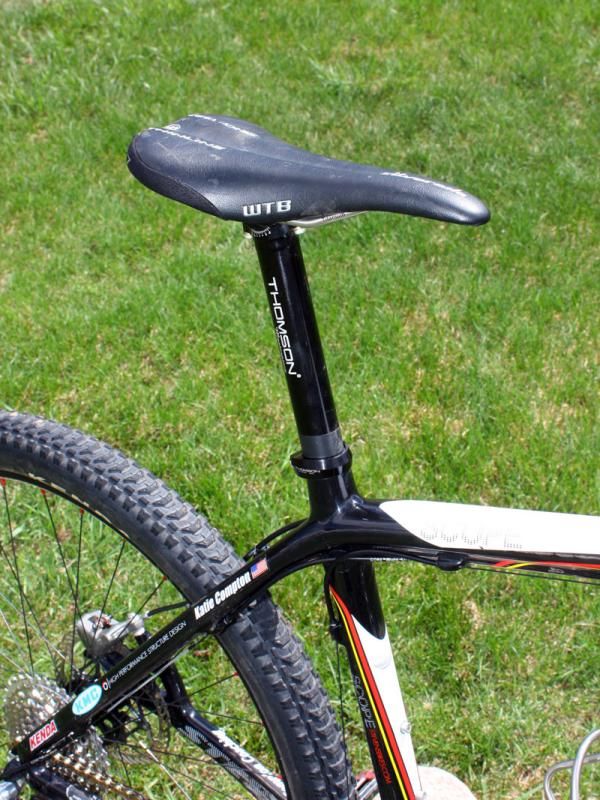 Compton (Planet Bike-Stevens Bikes-Kenda) runs her WTB Silverado saddle very far forward on the Thomson Masterpiece seatpost.