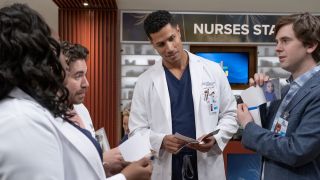 Noah Galvin, Chuku Modu, and Freddie Highmore as Drs. Asher, Jared, and Shaun working in St. Bonaventure Hospital