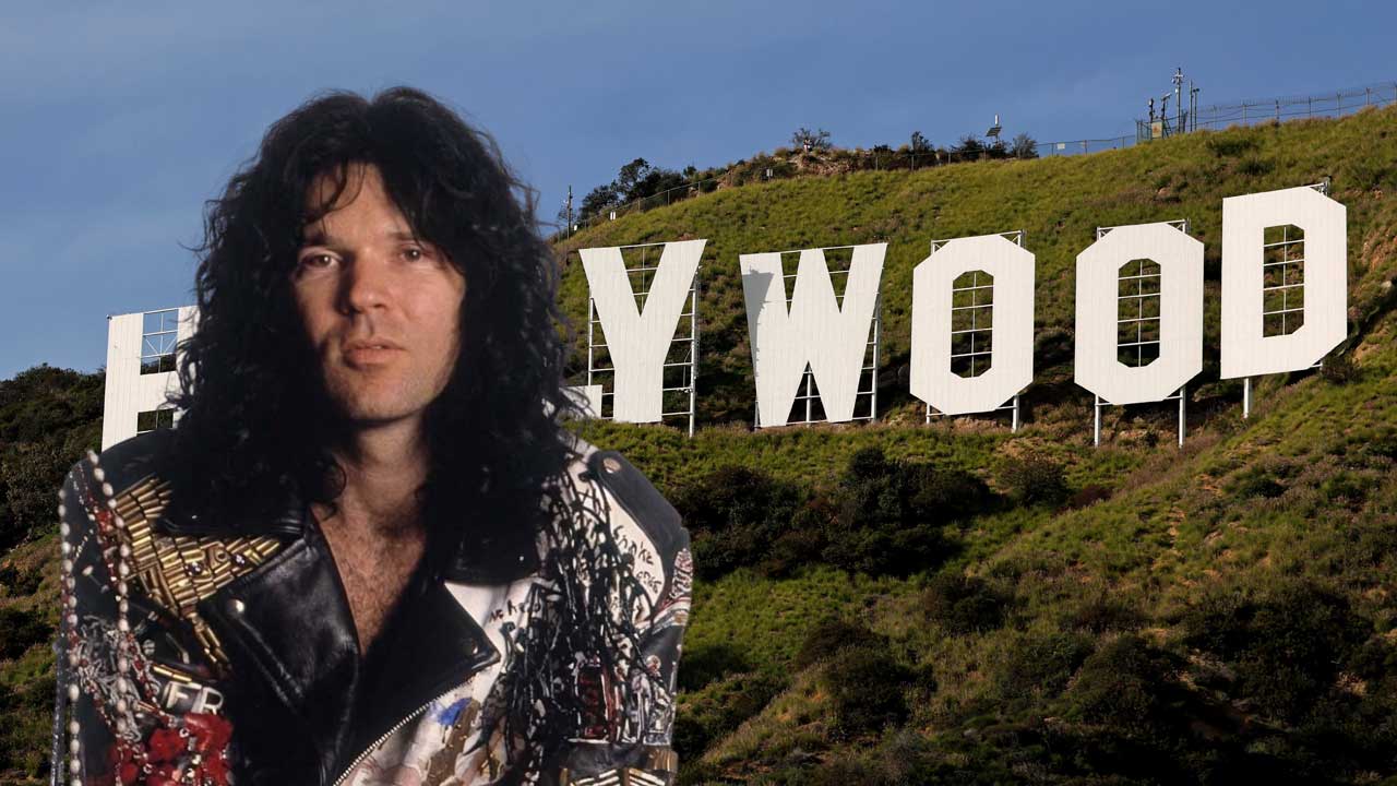 Jizzy Pearl studio portrait superimposed on a photograph of the Hollywood sign