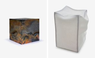 Side by side images of objects. Left: A box in lava style glaze and metal oxide colour. Right: a white cube made of mesh material.