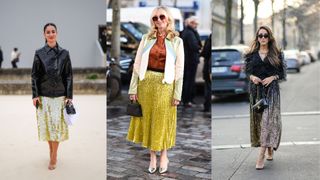 street style images of three women wearing gold sequin skirts