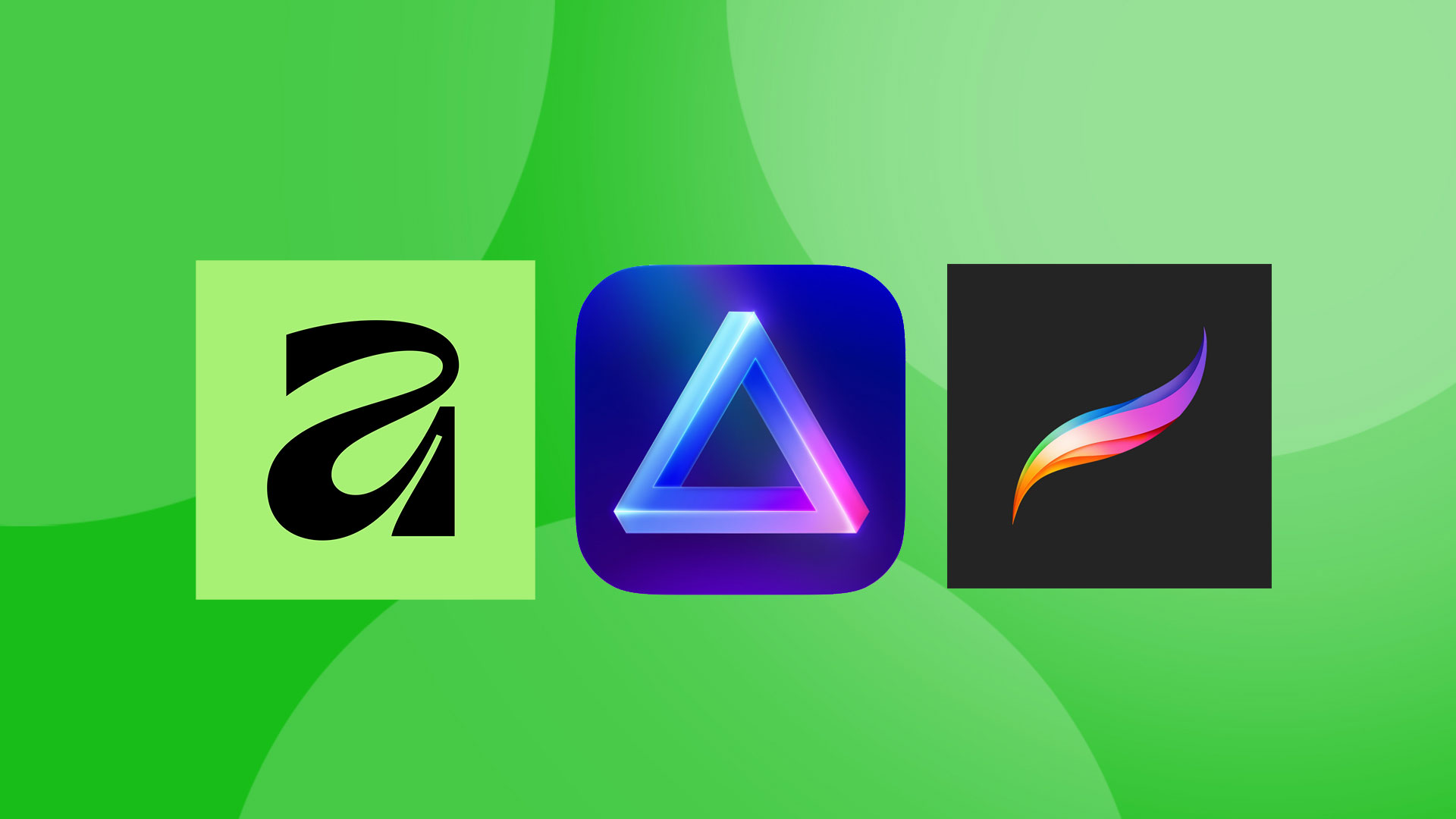 three logos for Photoshop alternatives on a green background