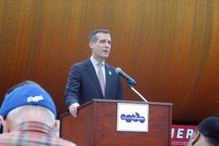 Los Angeles Mayor Eric Garcetti addresses the press at the arrival of ET-94 at Marina Del Rey, California, on May 18, 2016.