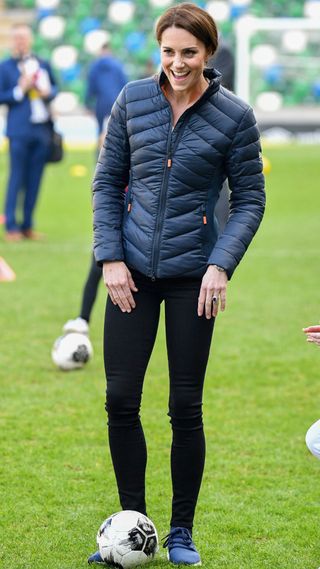 The Princess of Wales takes part in a football training session with children during a visit the National Stadium in Belfast