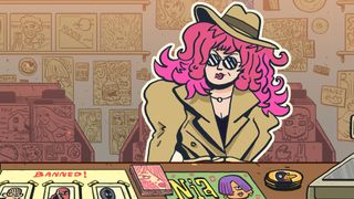 A pink-haired woman disguised in sunglasses, hat, and trenchcoat waits to be served in a record store