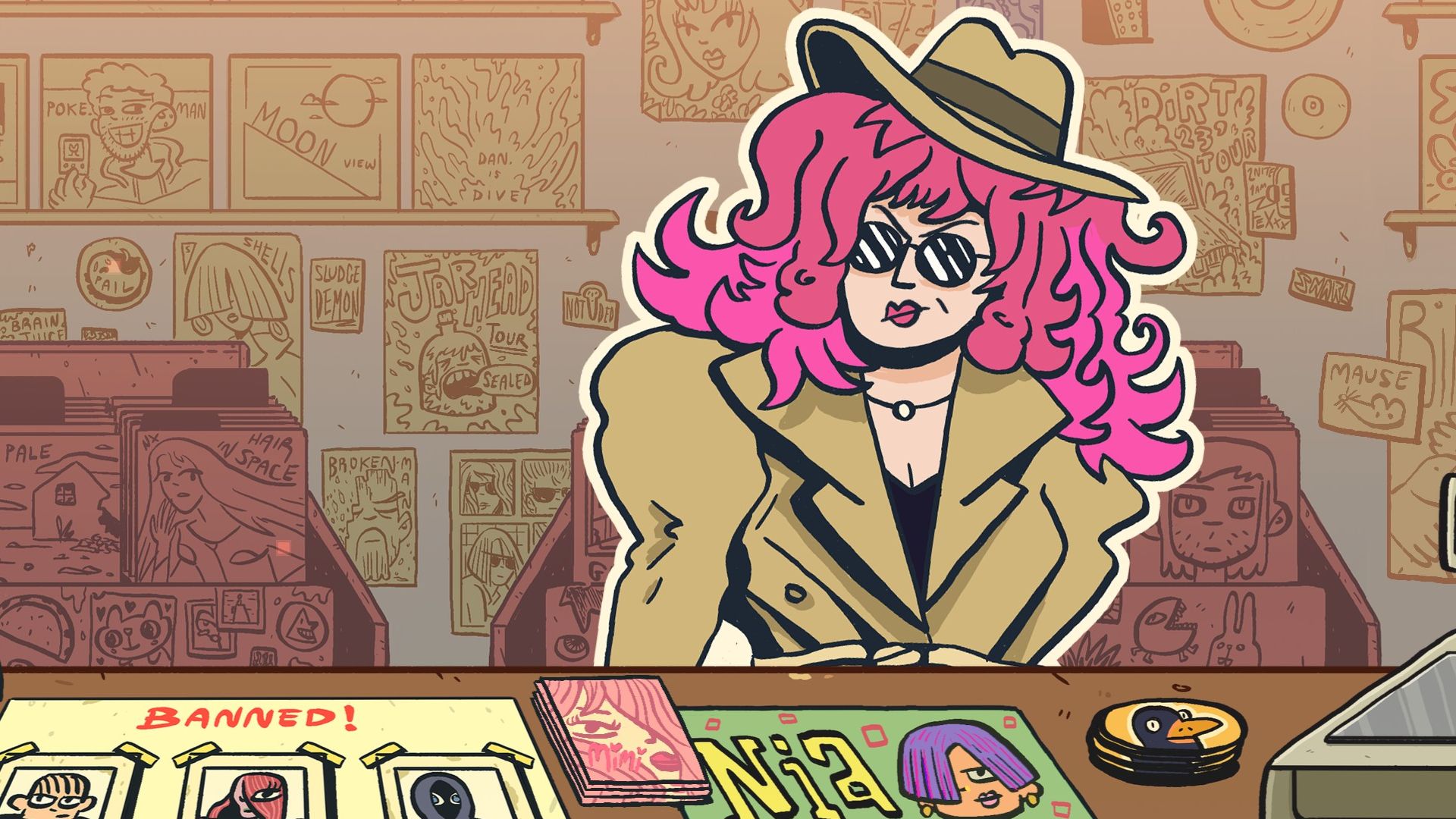 A pink-haired woman disguised in sunglasses, hat, and trenchcoat waits to be served in a record store