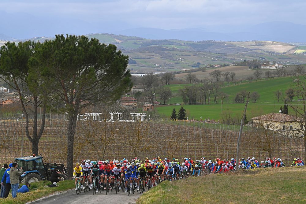 The Tirreno-Adriatico peloton in action during stage 6