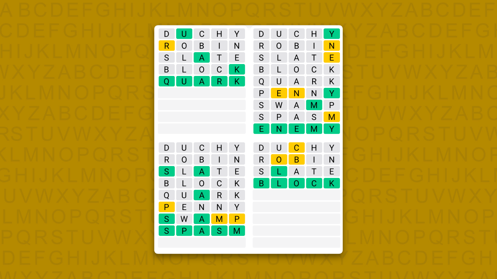 Quordle answers for game 1727 on a yellow background