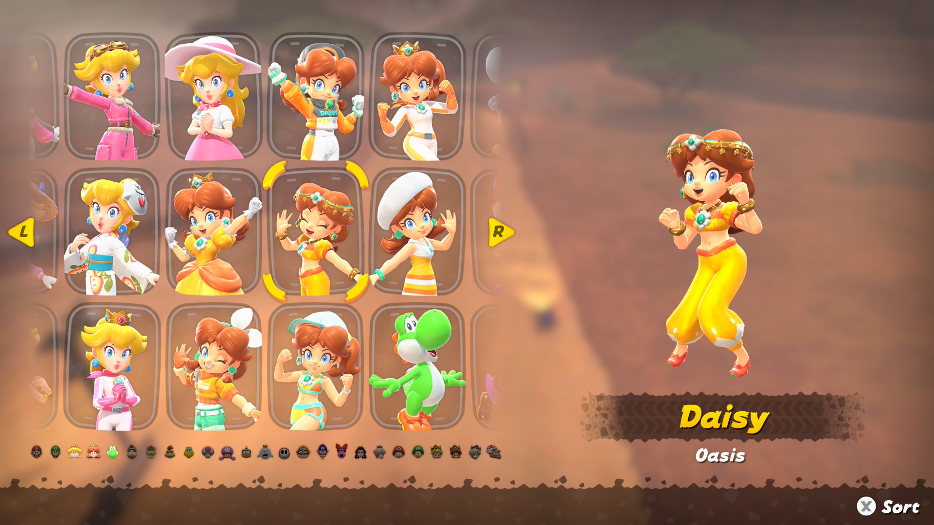 Mario Kart World Daisy outfits including Oasis