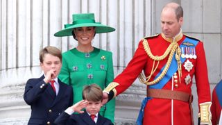 Prince William, Prince of Wales, Prince Louis of Wales, Catherine, Princess of Wales and Prince George of Wales on the Buckingham Palace balcony during Trooping the Colour on June 17, 2023 in London, England