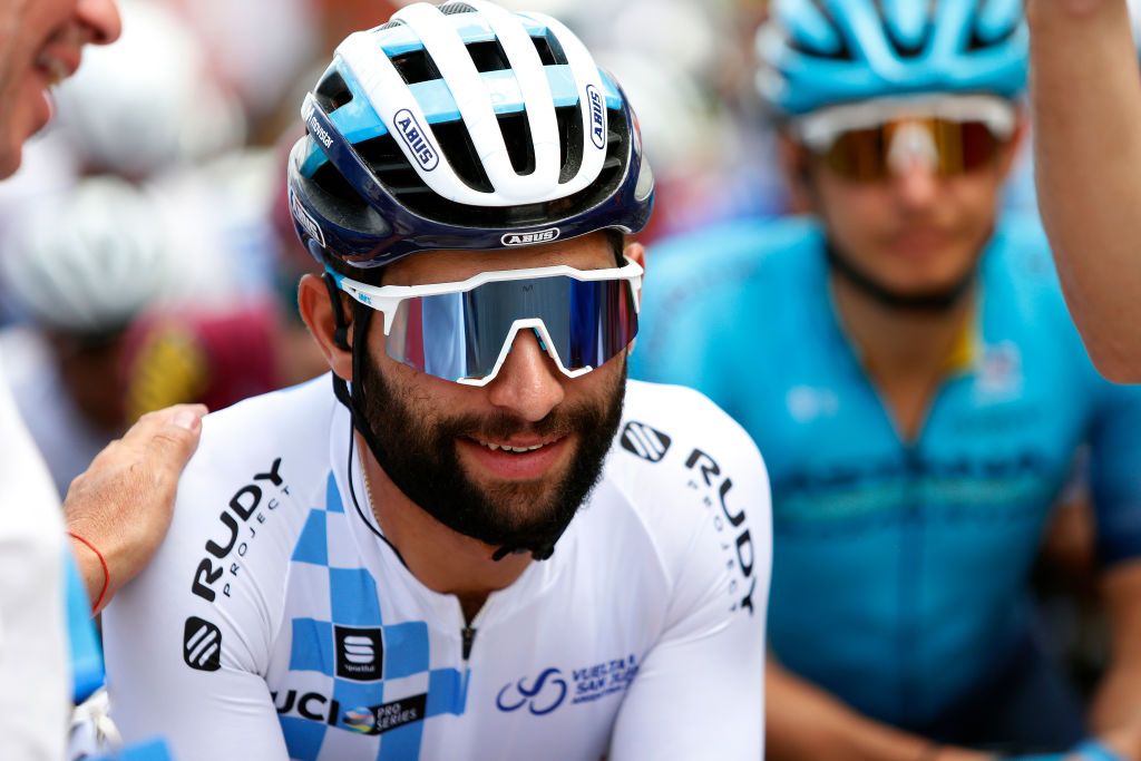 CHIMBAS ARGENTINA JANUARY 27 Fernando Gaviria of Colombia and Movistar Team White Leader Jersey prior to the 39th Vuelta a San Juan International 2023 Stage 5 a 1733km stage from Chimbas to Alto Colorado 2623m VueltaSJ2023 on January 27 2023 in Chimbas Argentina Photo by Maximiliano BlancoGetty Images