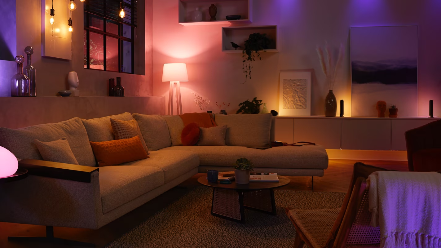 Living room with Philips Hue smart lights in various lamps
