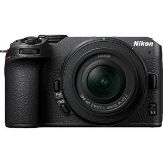 Nikon Z30 with 16-50mm lens, front view on white background