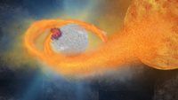 An illustration of a white dwarf star stripping stellar material from a companion star