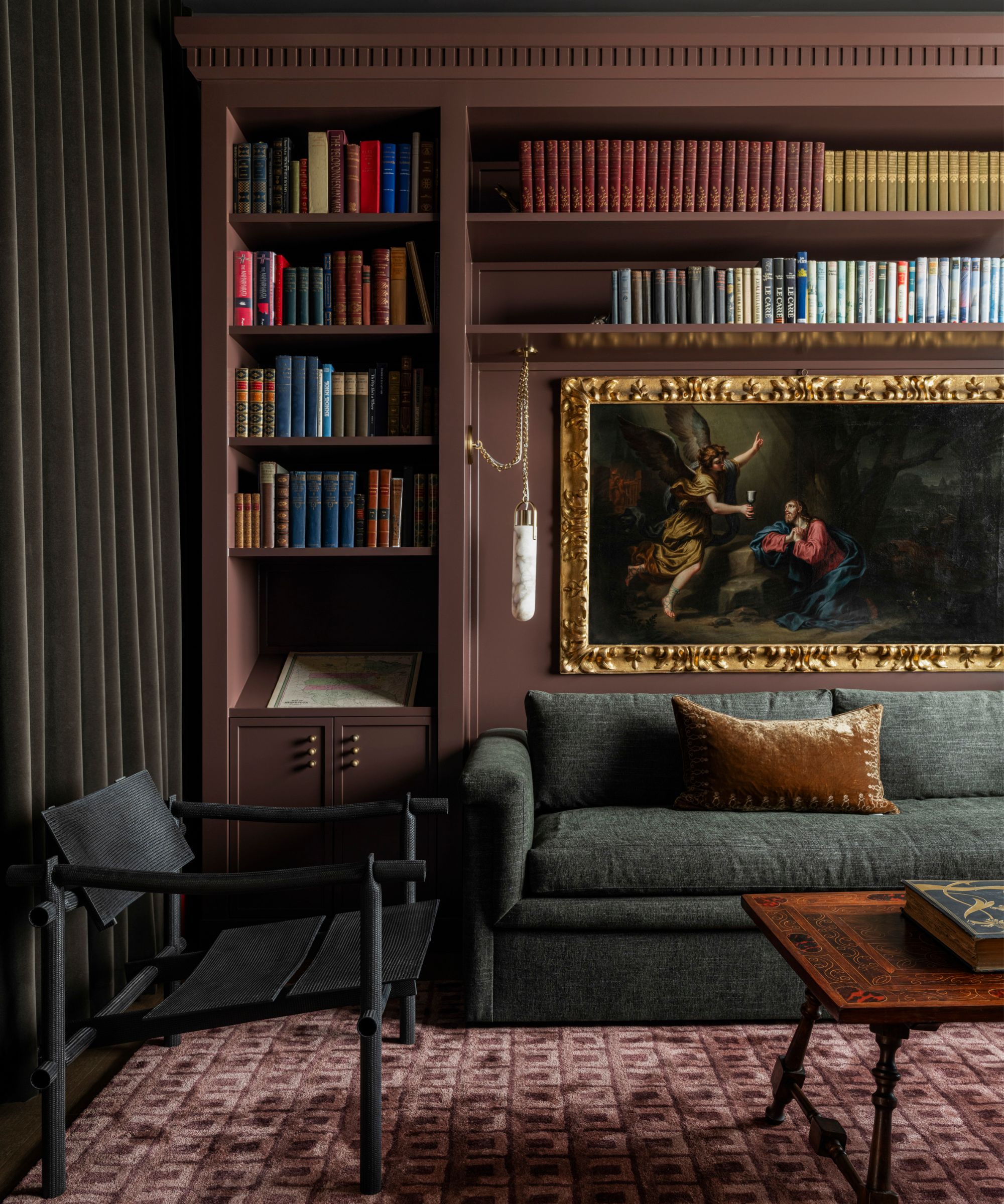 Brown small living room library painted in Benjamin Moore Hasbrouck Brown