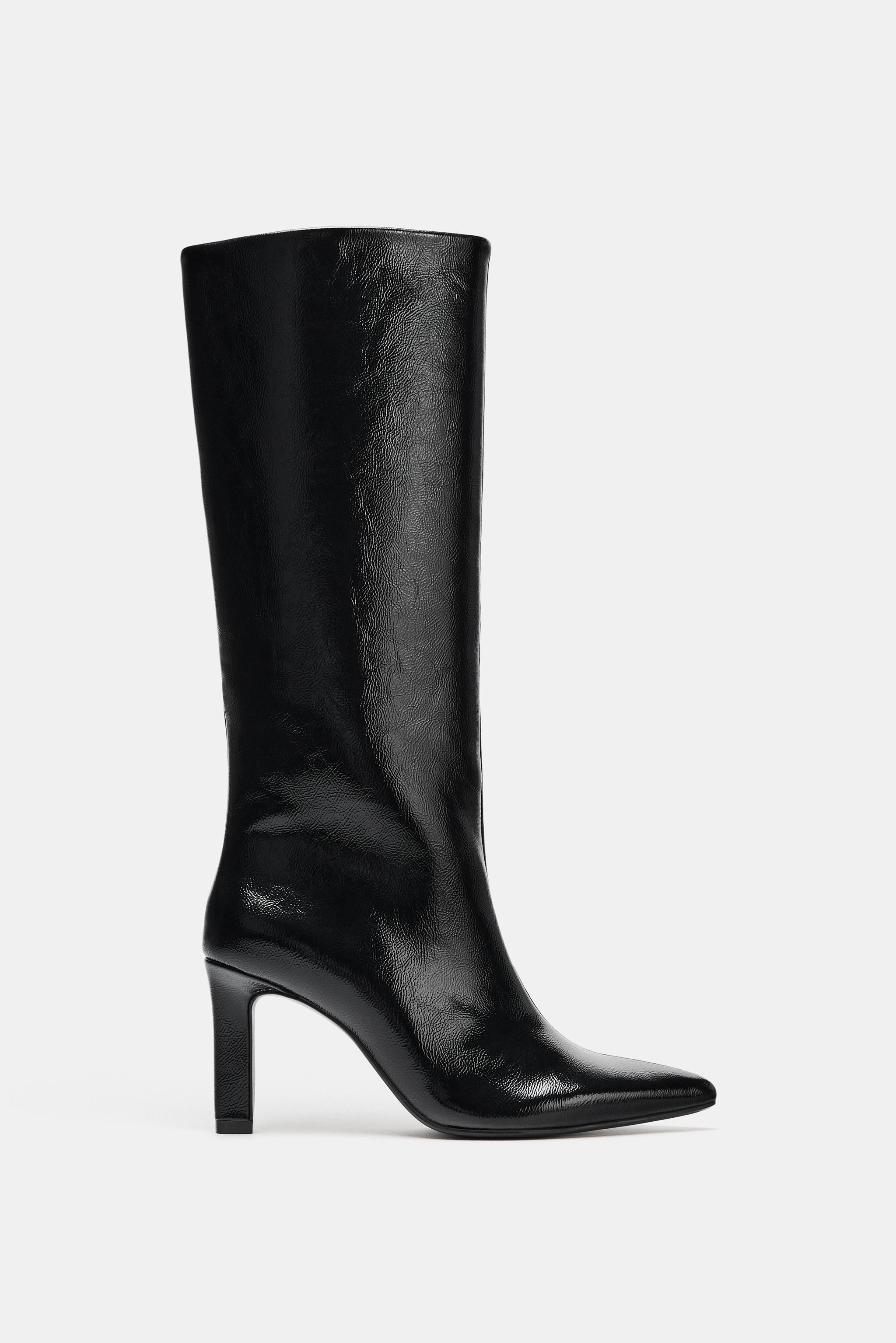 Faux-Patent Wide-Leg Boots With Block Heel