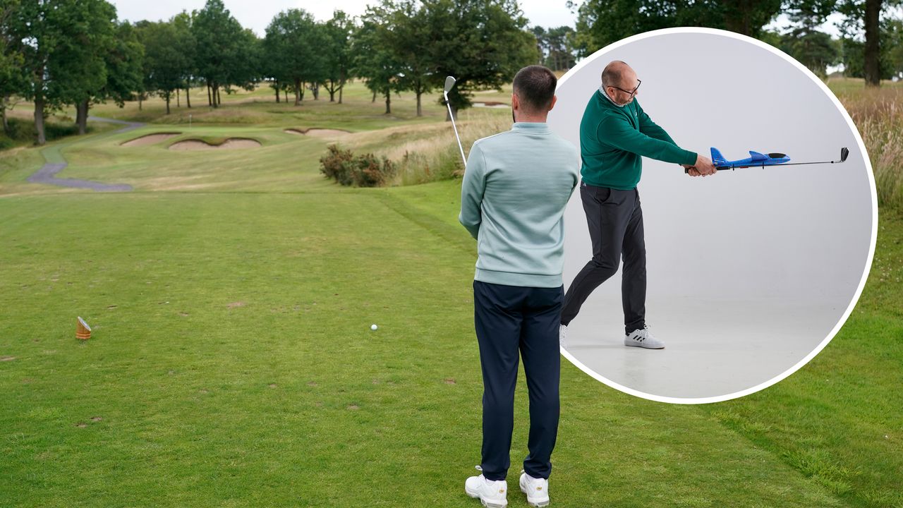 Baz Plummer preparing to hit an iron shot, standing behind the ball looking down the line and visualising the shot, with an inset image of Russell Covey demonstrating his 'plane' and simple iron play drill for better ball striking