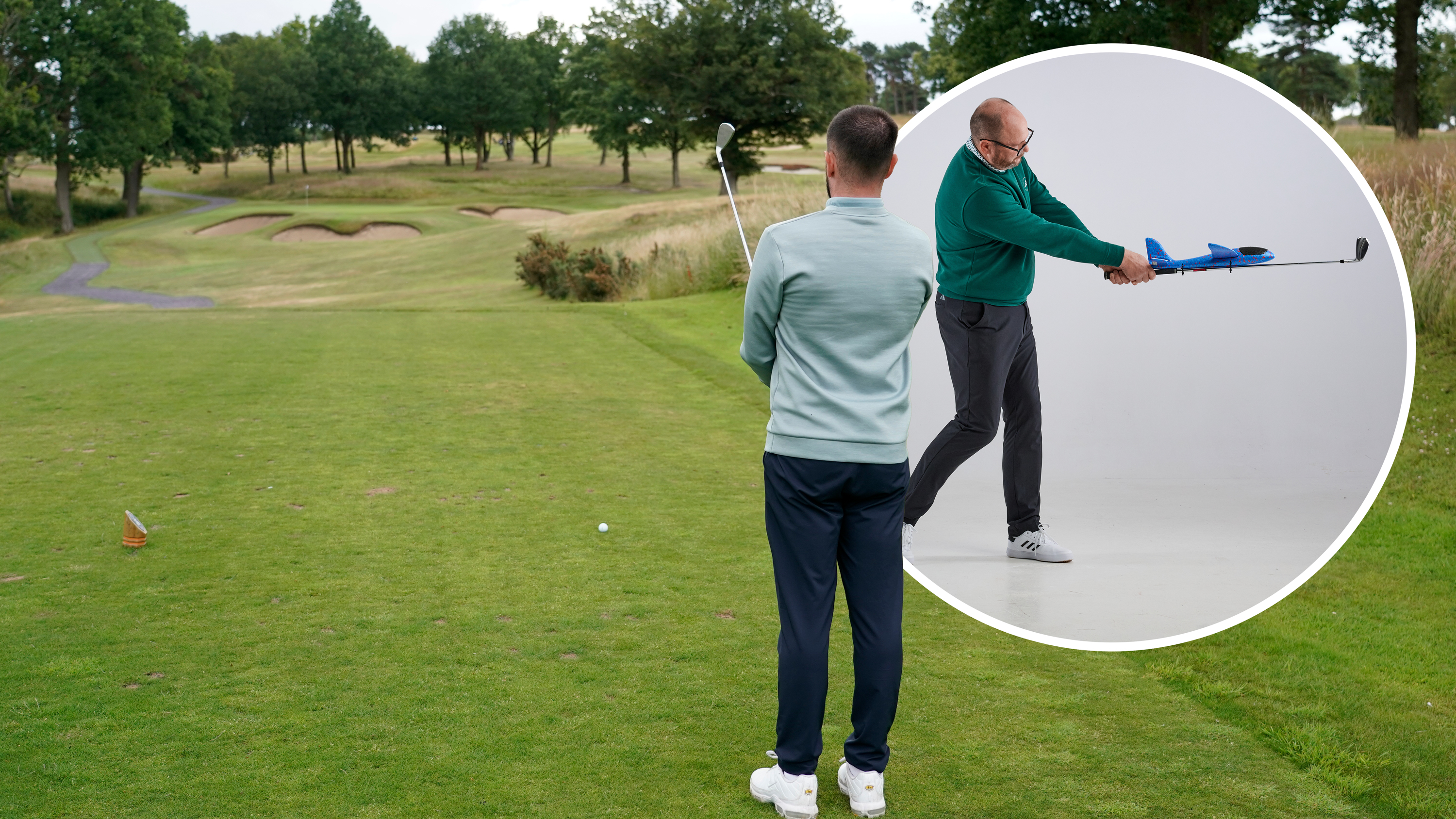 Baz Plummer preparing to hit an iron shot, standing behind the ball looking down the line and visualising the shot, with an inset image of Russell Covey demonstrating his 'plane' and simple iron play drill for better ball striking