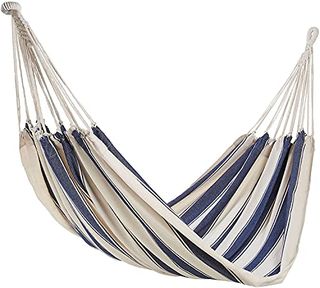 Vonhaus Hammock - 2 Seater Hammock, 100% Cotton Hammock for Garden - Freestanding 2 Person Hammock – Double Hammock W/rope Attachments & Travel Bag - Nautical Blue & White Striped Garden Hammock