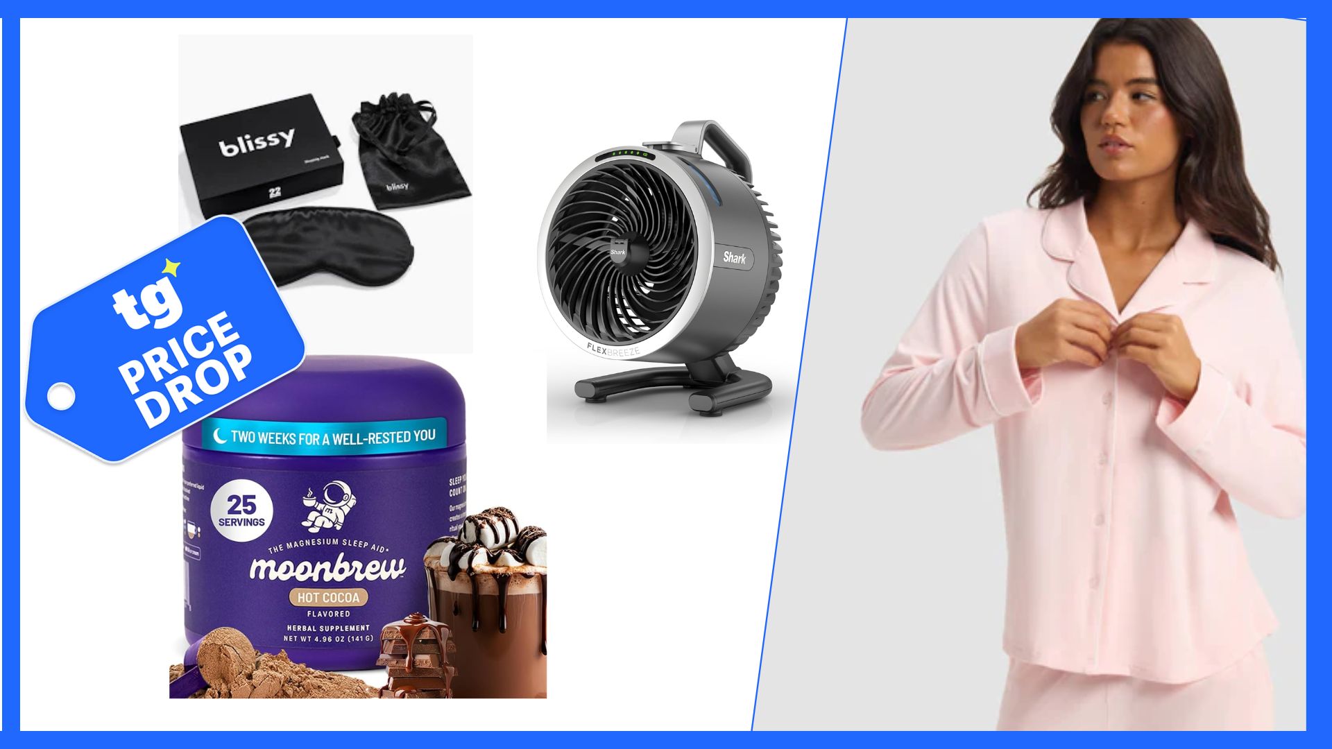 The composite image shows the Blissy sleep mask, Shark fan, Cozy Earth long sleeved pyjamas and Moonbrew hot chocolate on a white background