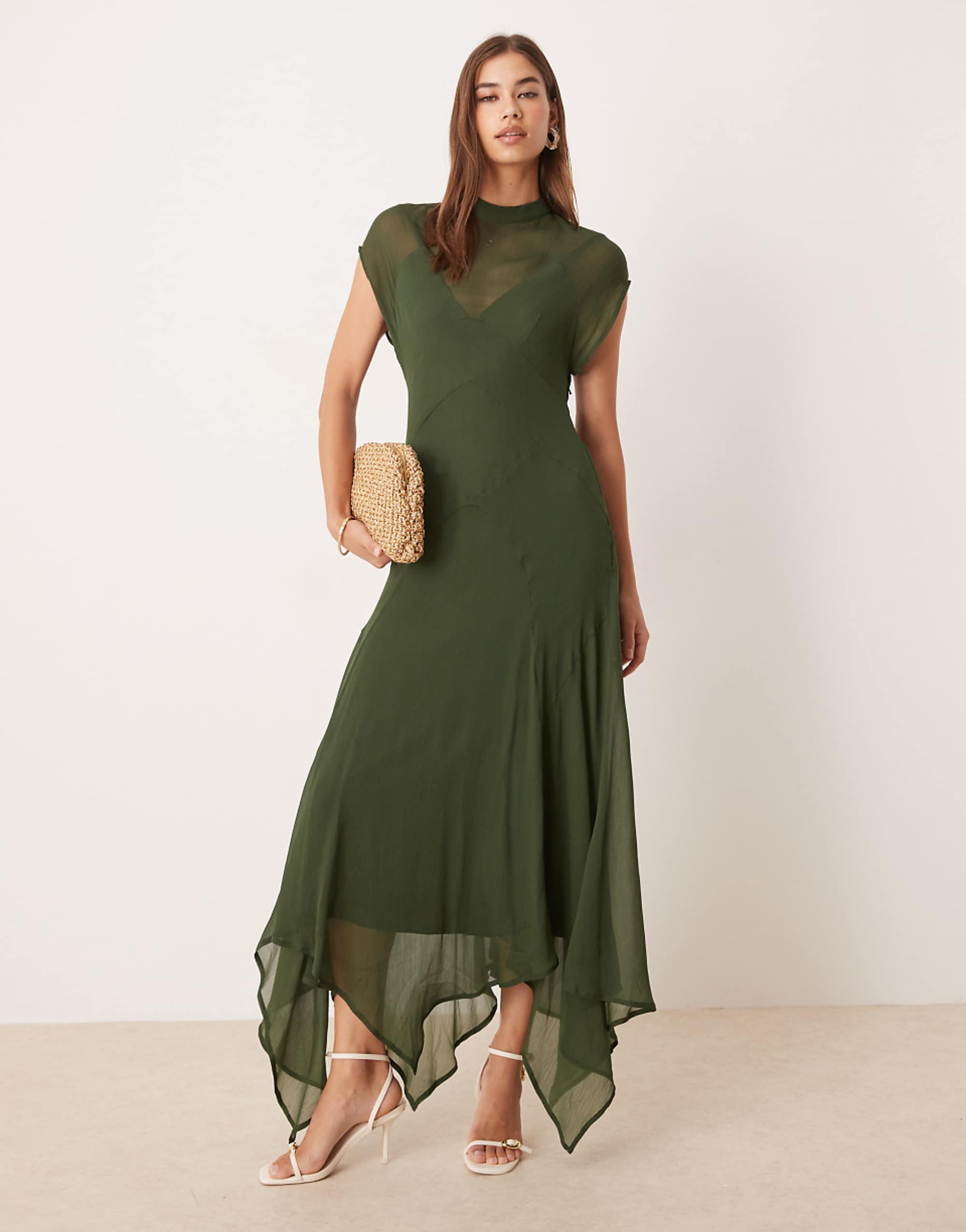 Asos Design High Neck Hanky Hem Chiffon Maxi Dress in Dark Moss