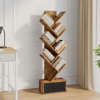 Vertical wooden bookshelf with angled shelves