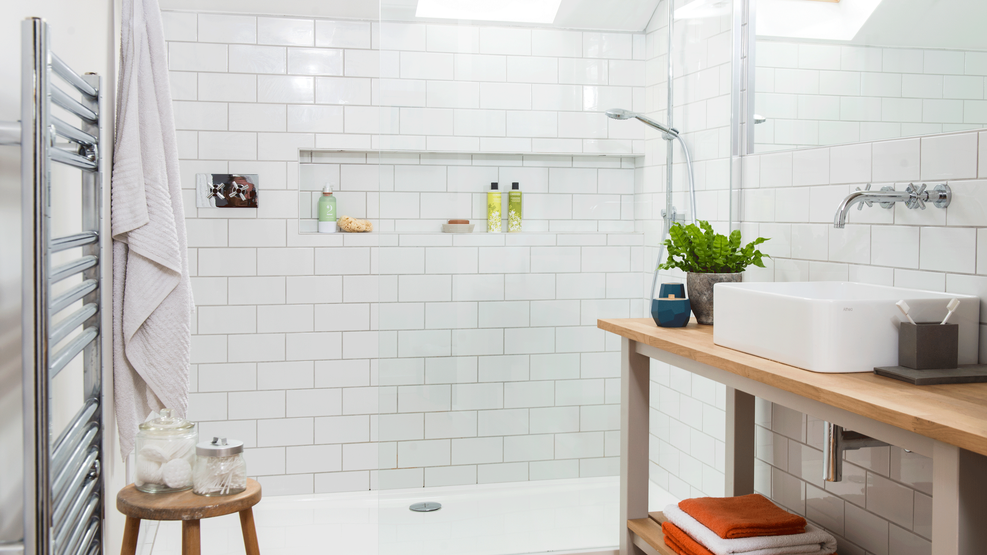 White tiled walk in shower