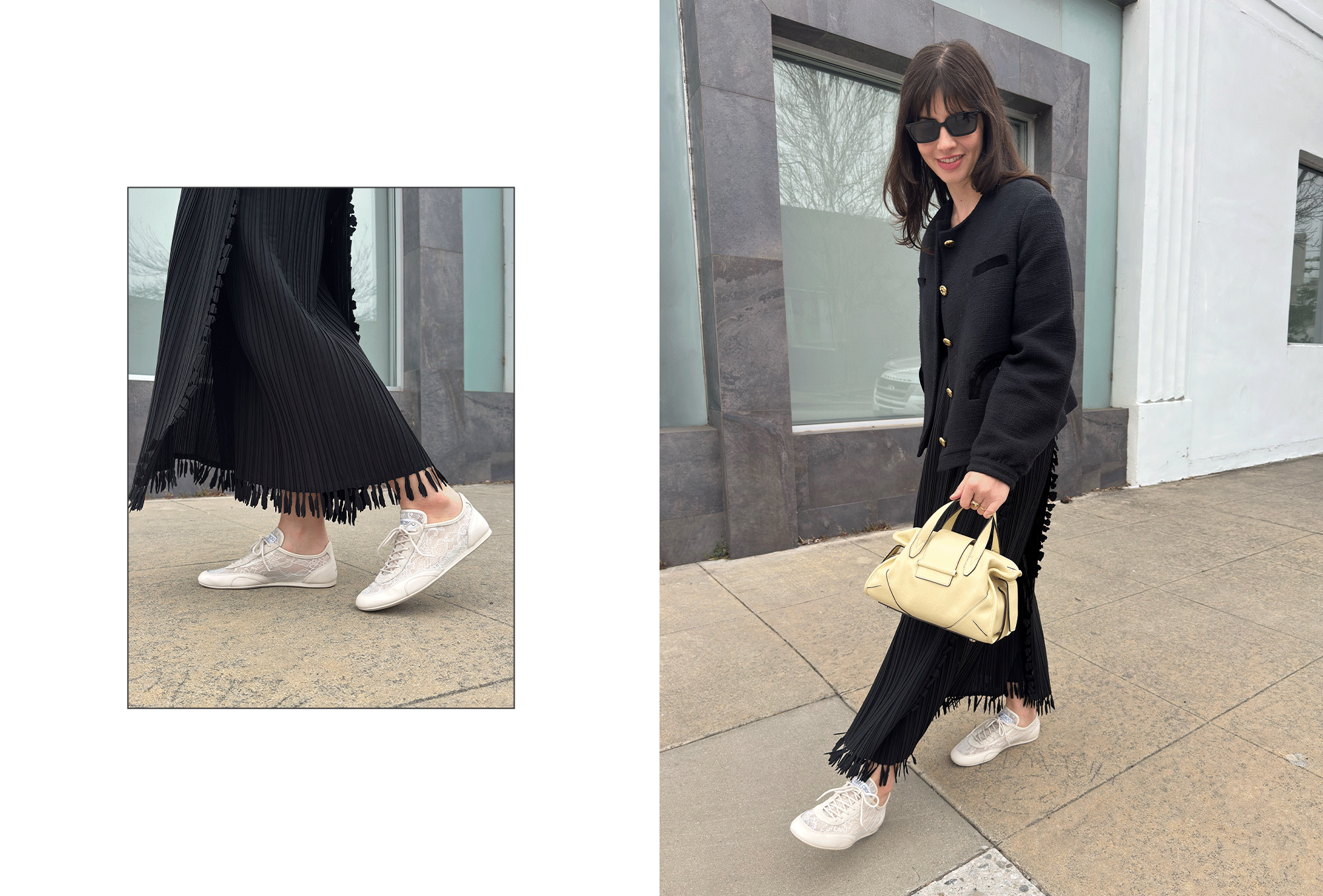 Kat Collings posing in Jimmy Choo sneakers and handbag.