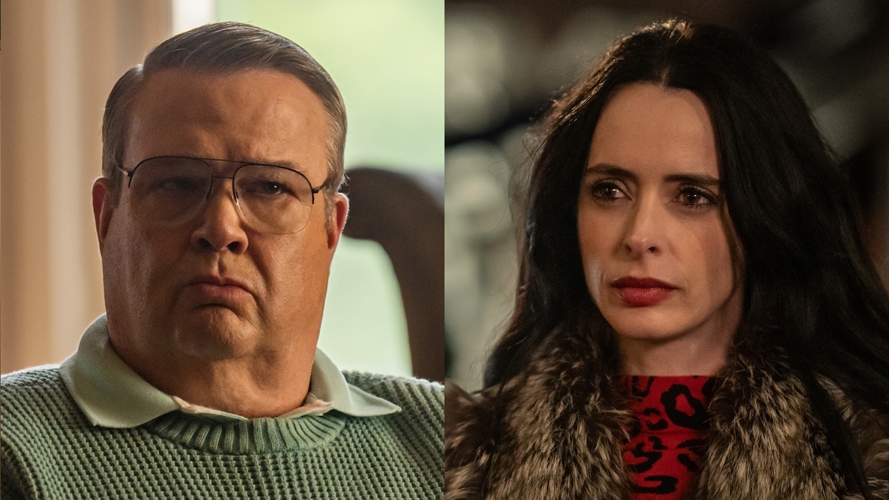 Side by side: Eric Stonestreet&#039;s Al in serial killer glasses and Krysten Ritter in fur-lined coat in Dexter: Resurrection