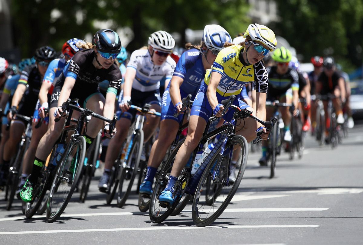 Race leader Katie Hall (UHC) tries to keep her hold on the yellow jersey