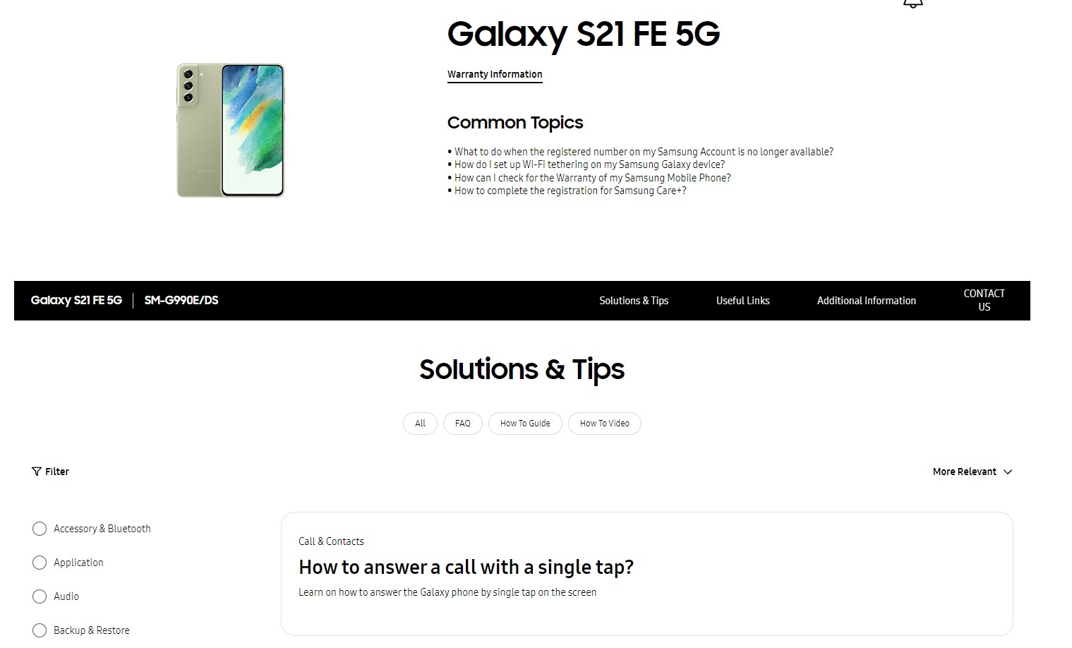 A snapshot of the Samsung Galaxy S21 FE UAE support page