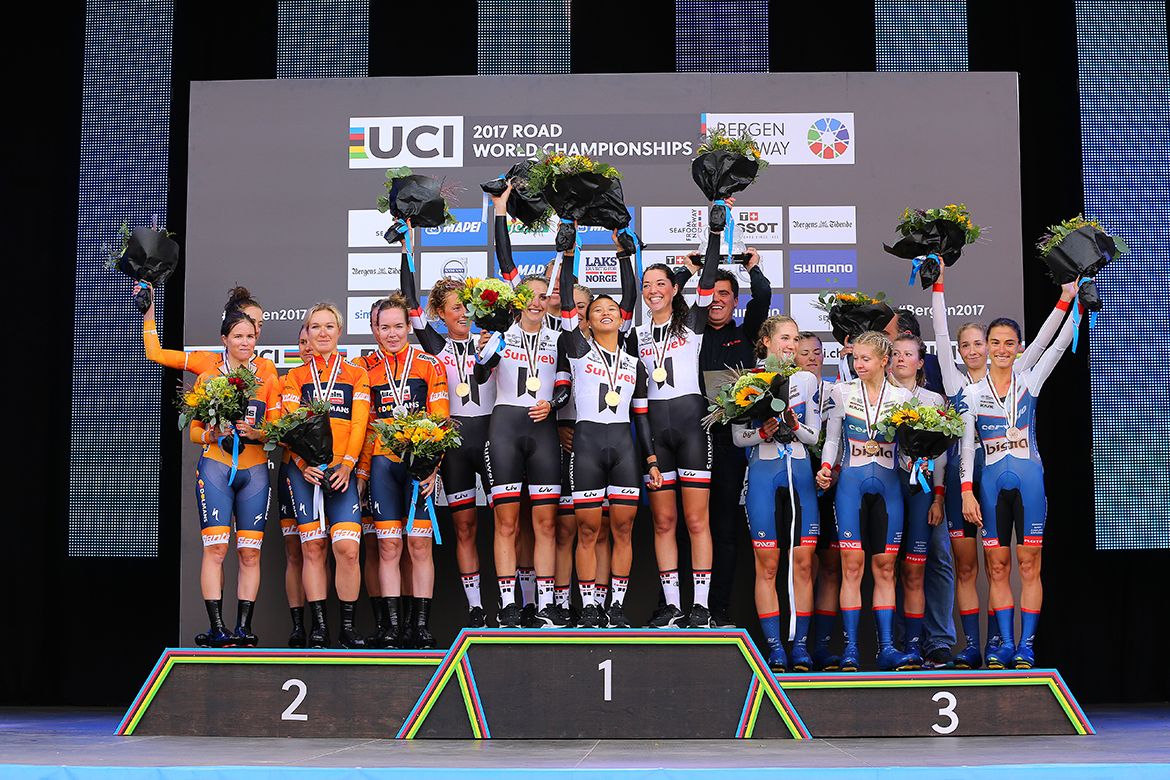 Team Sunweb on the podium with Boels Dolmans and Cervelo Bigla