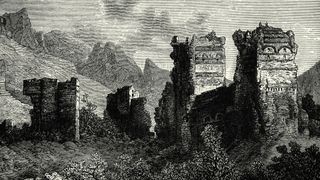 A vintage engraving shows the ruined city walls of Antioch.