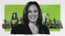 Photo collage of Kamala Harris with a crowd of raised hands behind her, some holding placards, on a background of bright green