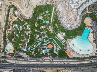 A drone shot above Siam Park in the Canary Islands