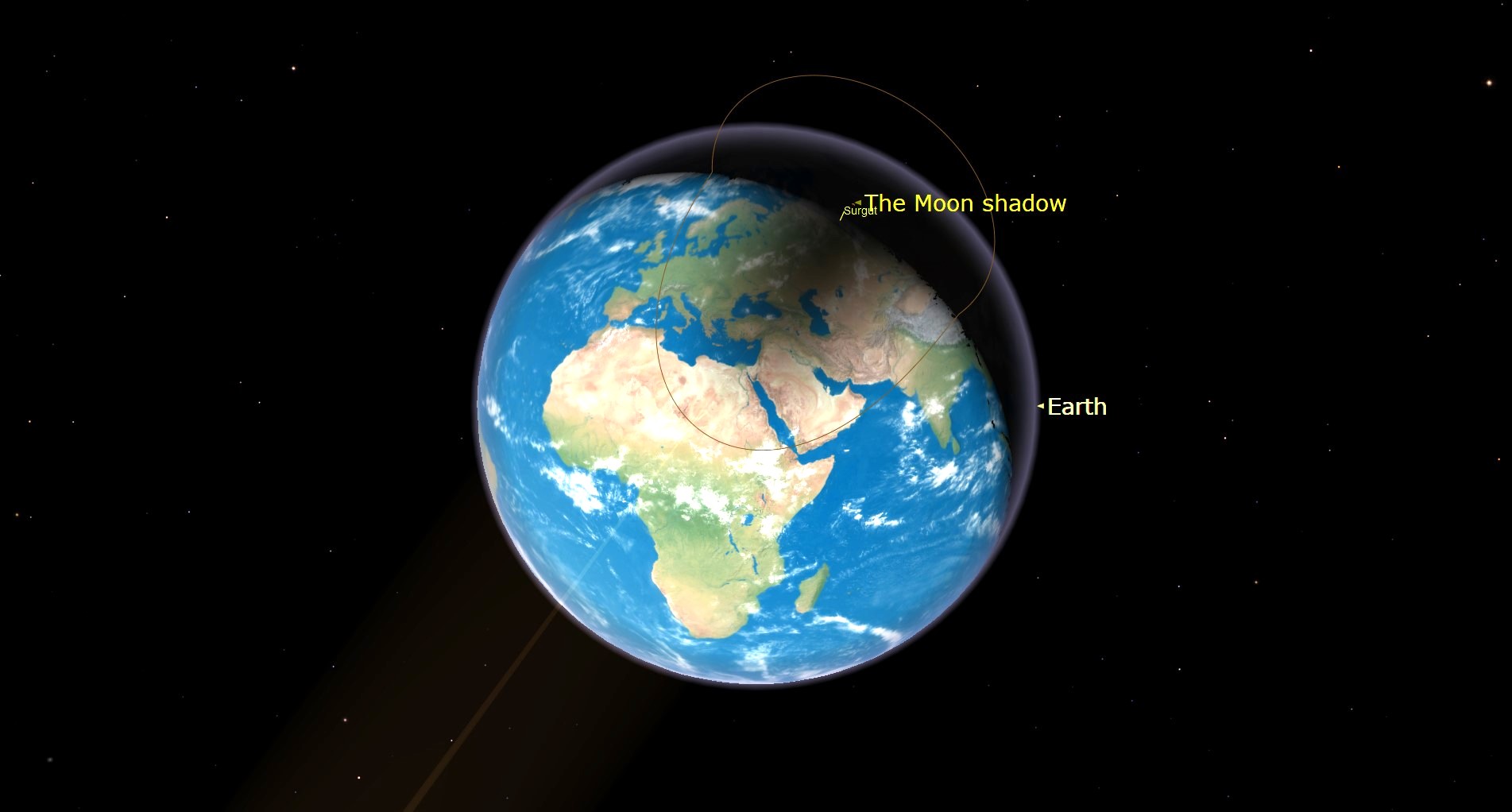 Graphic showing the moon's shadow across a portion of the Earth during the partial solar eclipse.