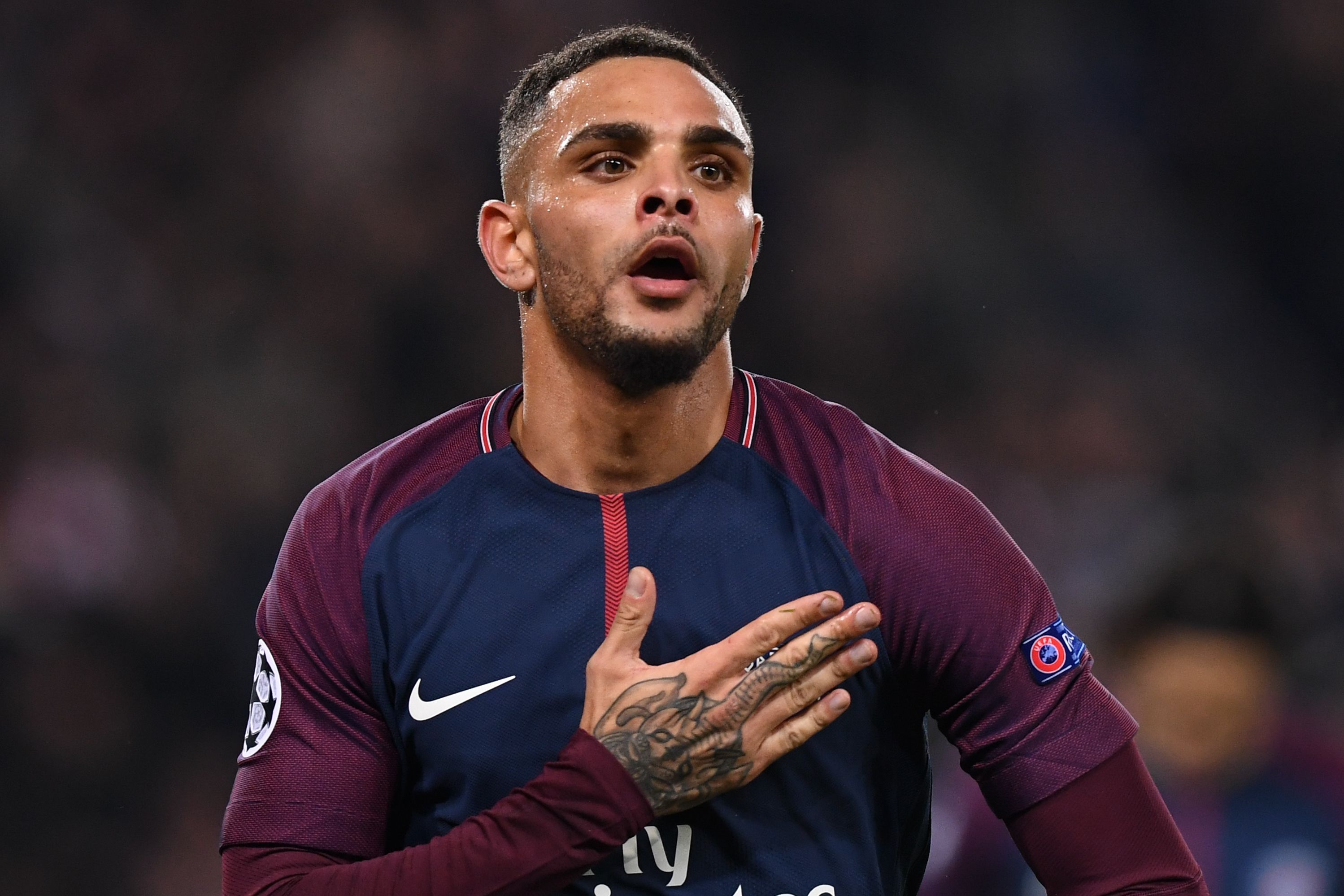 Layvin Kurzawa celebrates after scoring for Paris Saint-Germain against Anderlecht in the Champions League in October 2017.