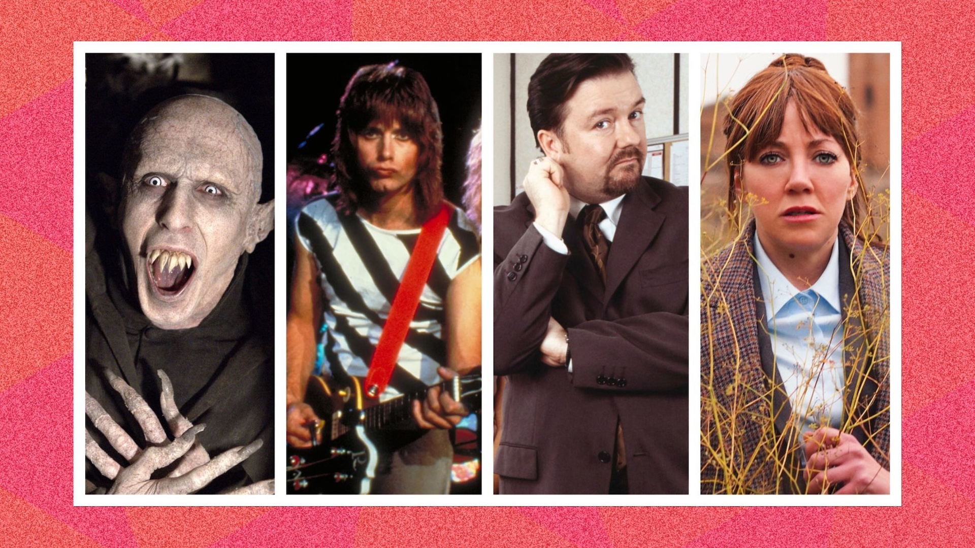 Four images from different mockumentaries sliced together from left to right: What we do in the Shadows, Spinal Tap, The Office (UK) and Cunk on Earth